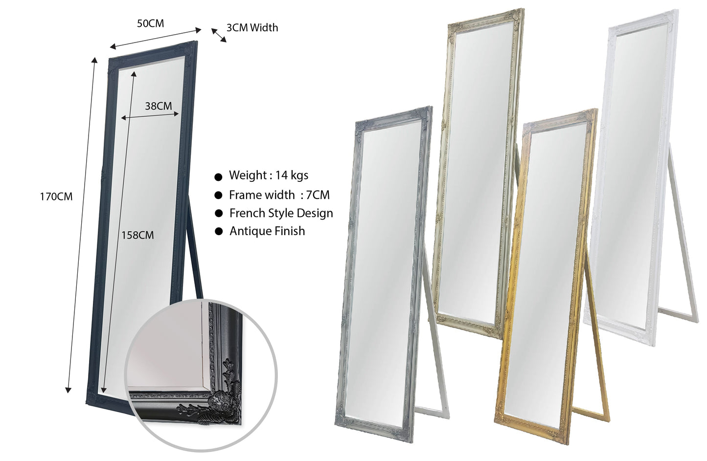 French Provincial Ornate Mirror - White - Free Standing 50cm x 170cm V292-MIRR-FRN017