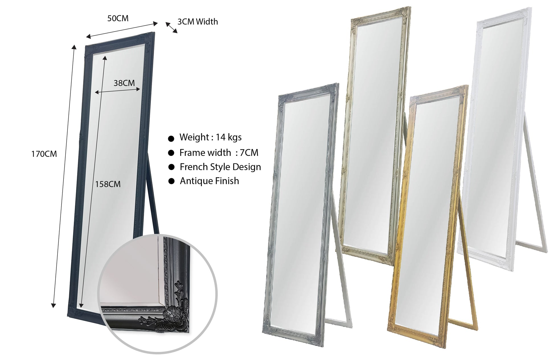French Provincial Ornate Mirror - Black - Free Standing 50cm x 170cm V292-MIRR-FRN018