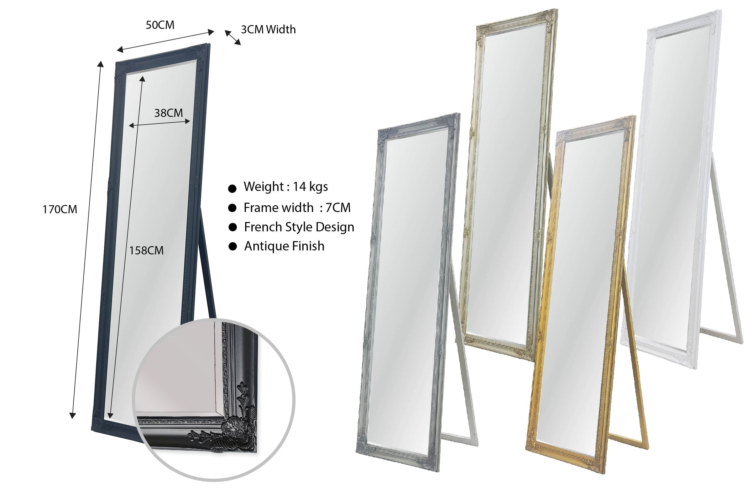 French Provincial Ornate Mirror - Black - Free Standing 50cm x 170cm V292-MIRR-FRN018