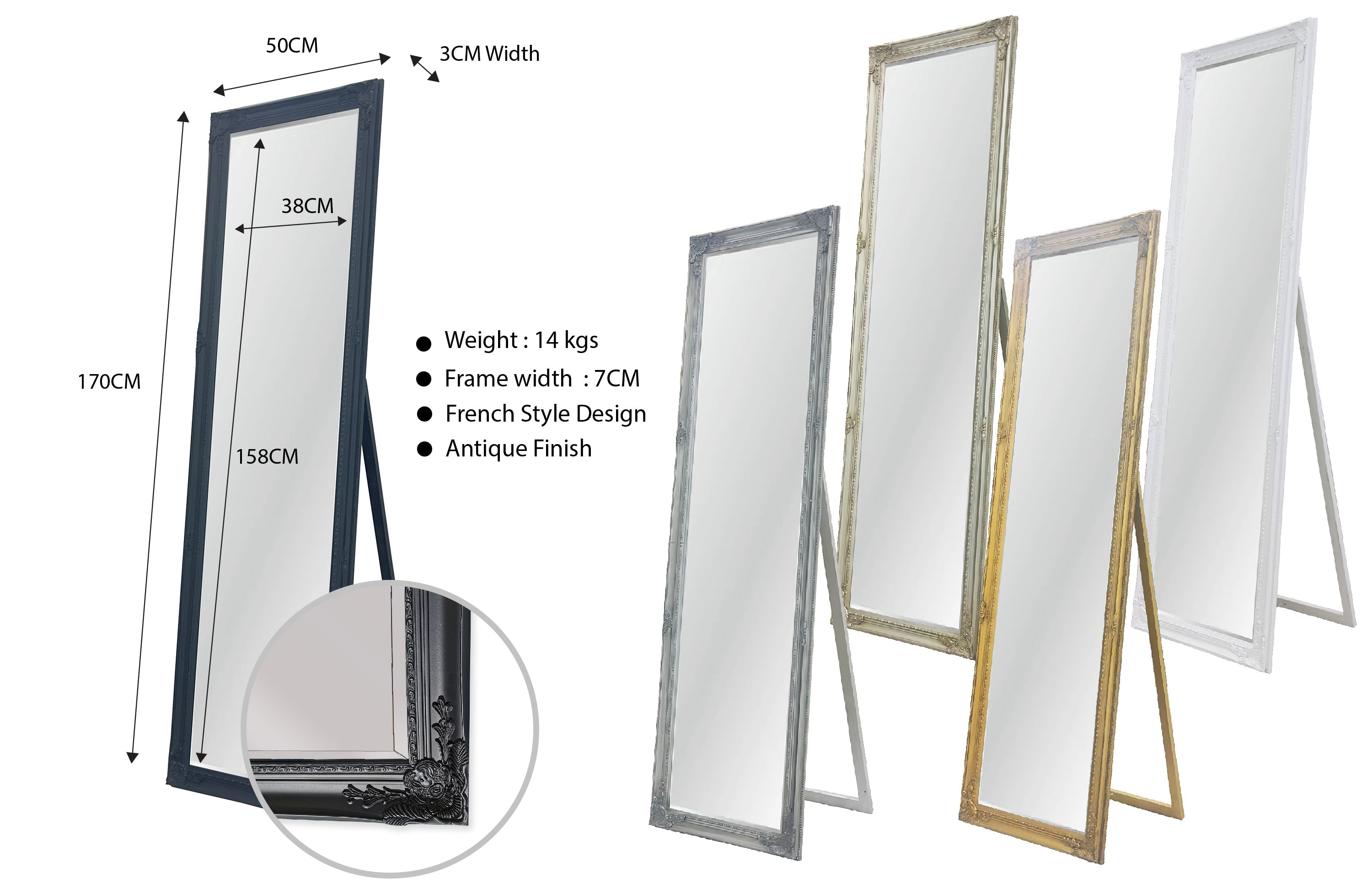 French Provincial Ornate Mirror - Black - Free Standing 50cm x 170cm V292-MIRR-FRN018