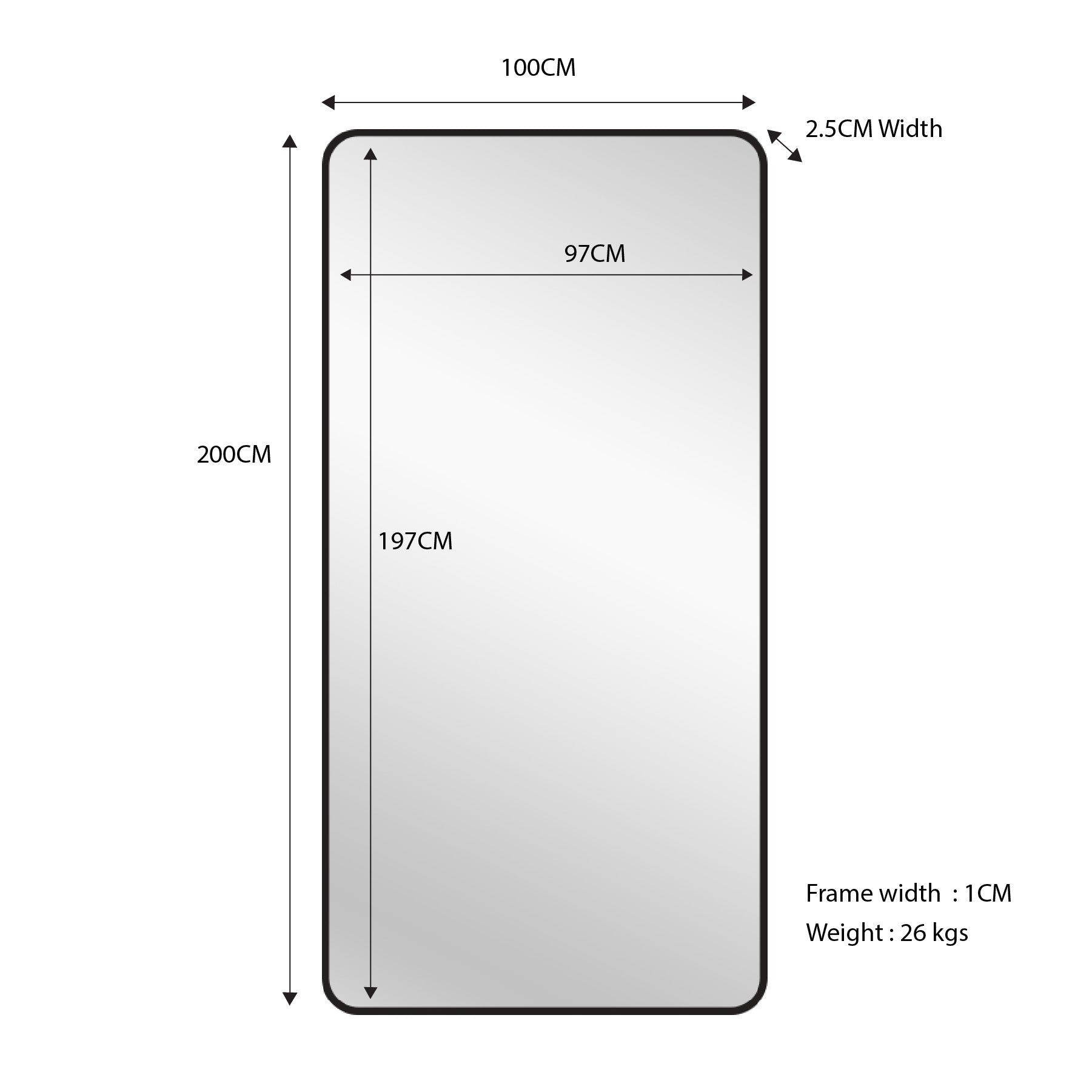 Black Metal Rectangle Mirror - X-Large 100cm x 200cm V292-MIRR-MTL033