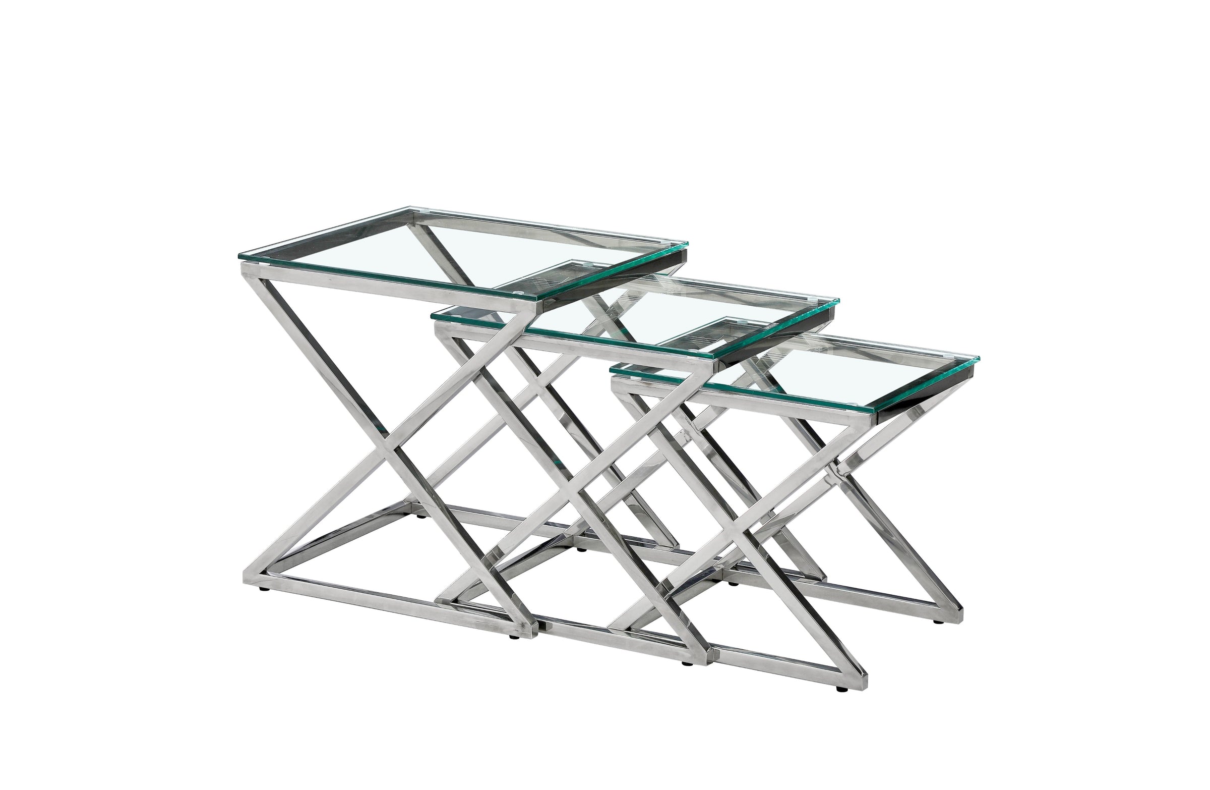 Bella Set of 3 Silver Side Table - Clear Glass V292-ST-BELLA-SO3-SILVERBASE-CLEARGLASS