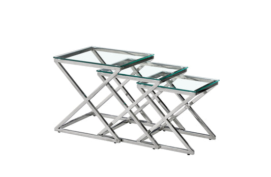 Bella Set of 3 Silver Side Table - Clear Glass V292-ST-BELLA-SO3-SILVERBASE-CLEARGLASS