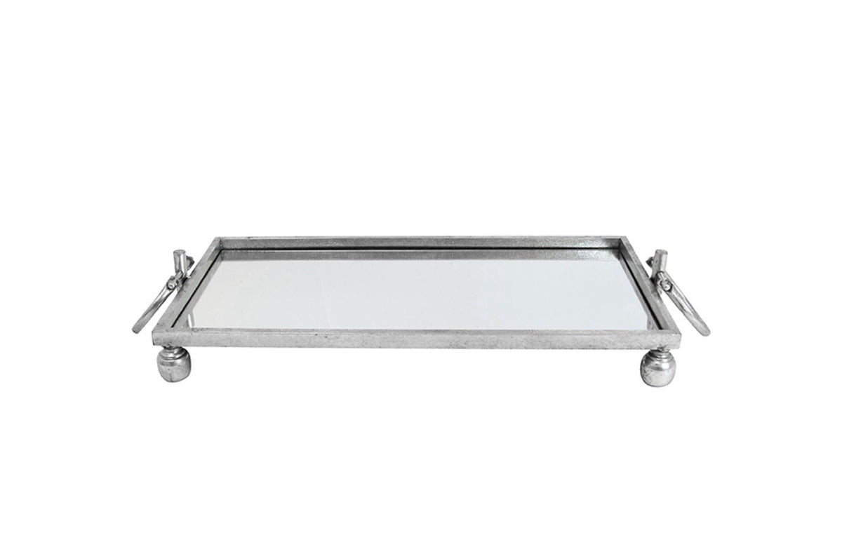 Eliza Small Rectangle Iron Mirror Tray with Handles - Silver