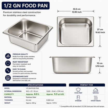 Commercial Stainless Steel GN 1/2 100mm Deep Gastronorm Bain Marie Buffet Steam Table Food Pan