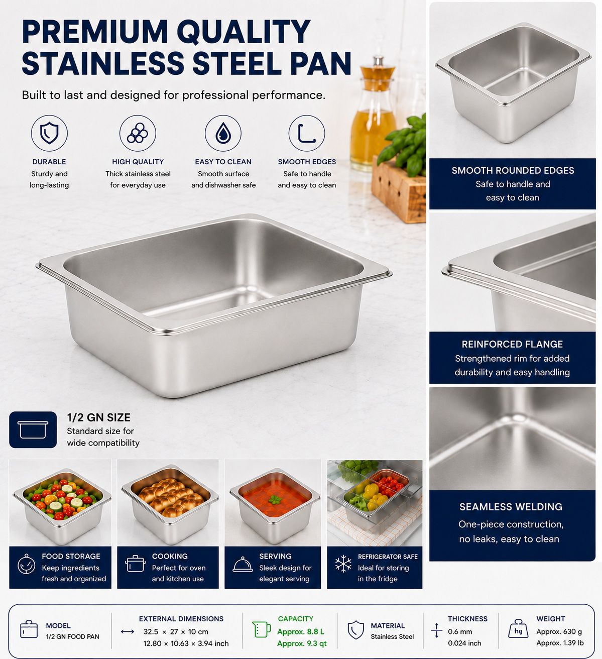 Commercial Stainless Steel GN 1/2 100mm Deep Gastronorm Bain Marie Buffet Steam Table Food Pan