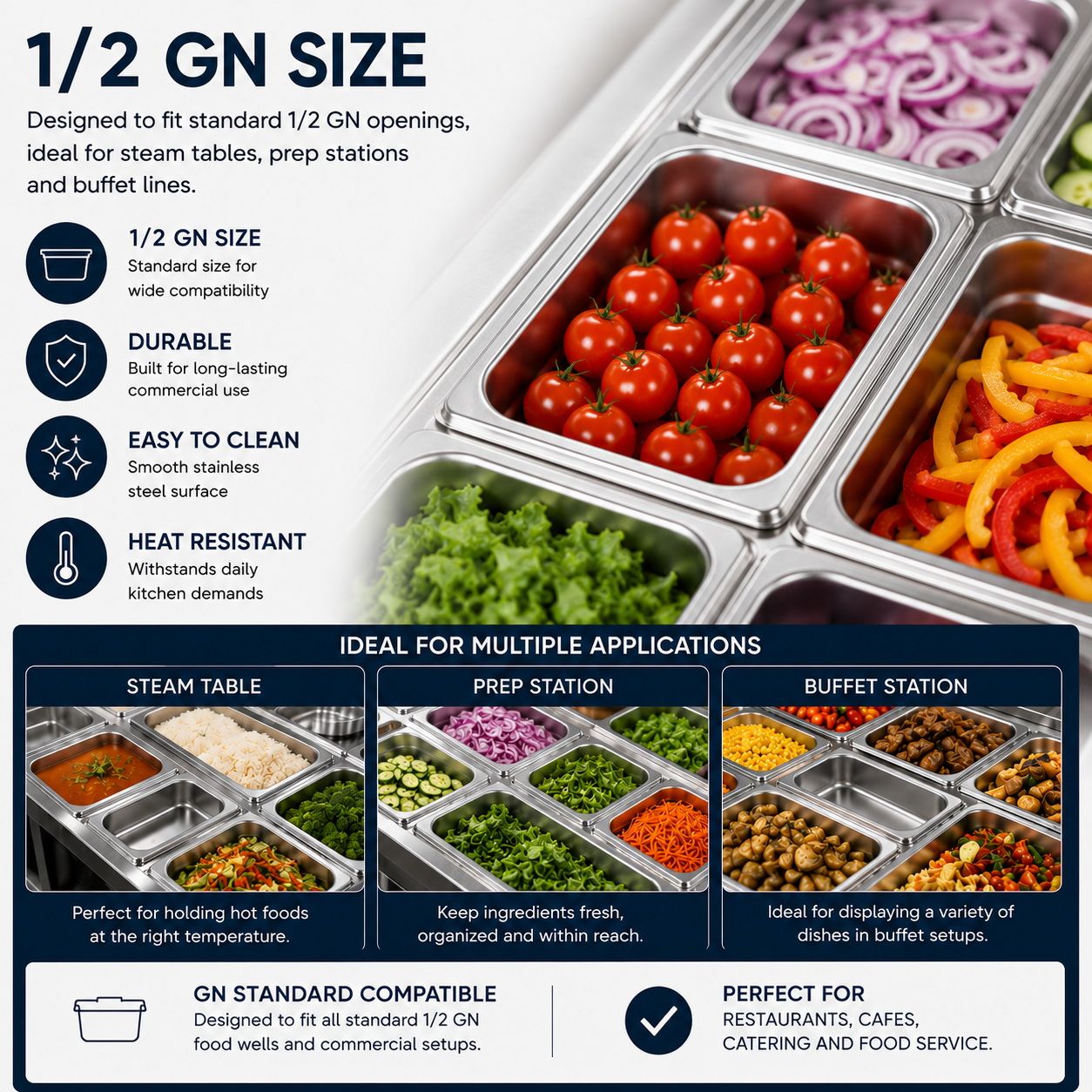 Commercial Stainless Steel GN 1/2 100mm Deep Gastronorm Bain Marie Buffet Steam Table Food Pan with Lid
