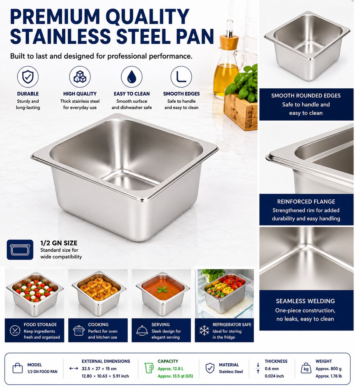 Commercial Stainless Steel GN 1/2 150mm Deep Gastronorm Bain Marie Buffet Steam Table Food Pan with Lid