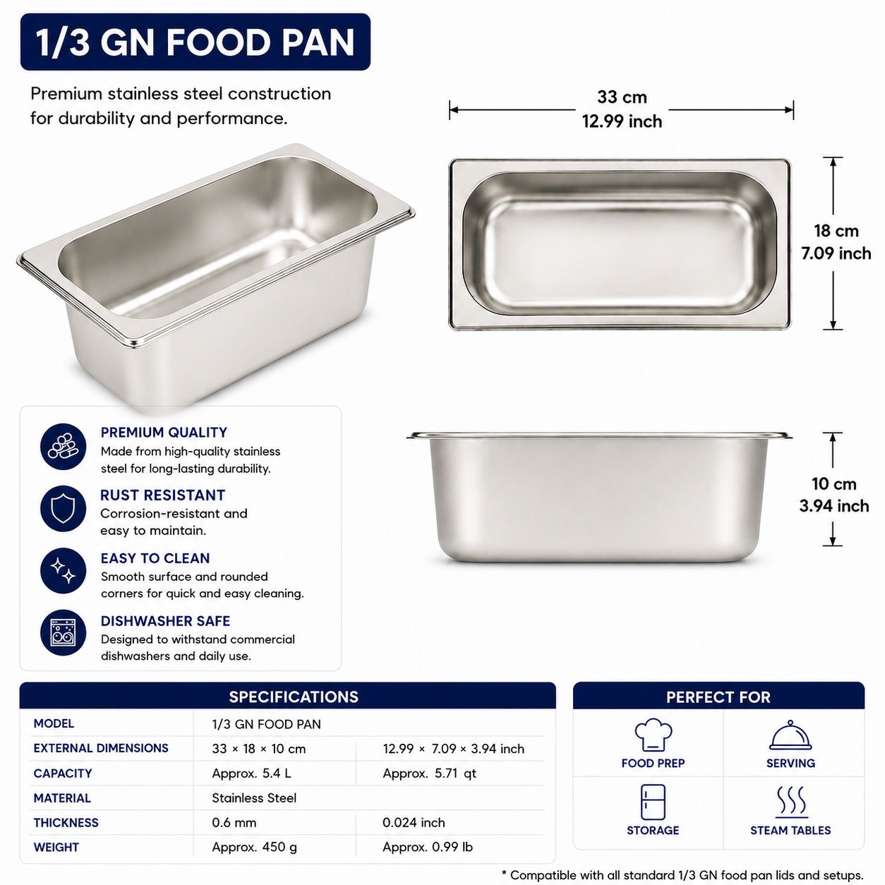 Commercial Stainless Steel GN 1/3 100mm Deep Gastronorm Bain Marie Buffet Steam Table Food Pan