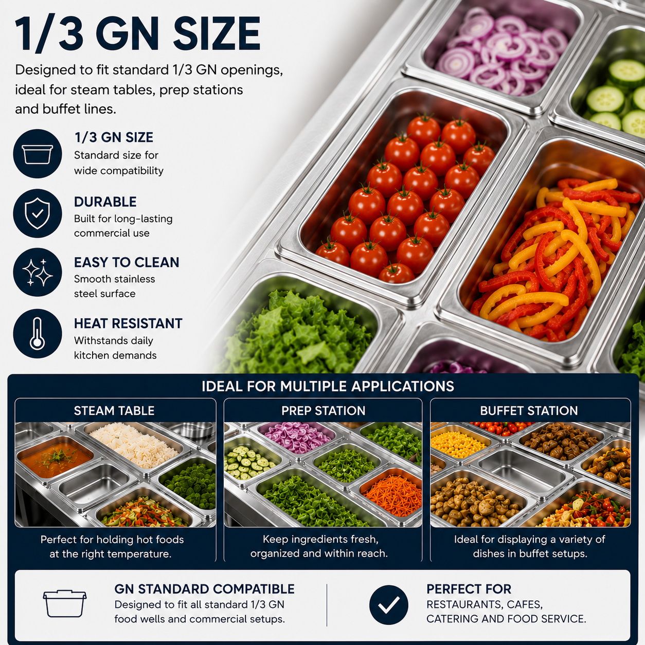 Commercial Stainless Steel GN 1/3 100mm Deep Gastronorm Bain Marie Buffet Steam Table Food Pan with Lid