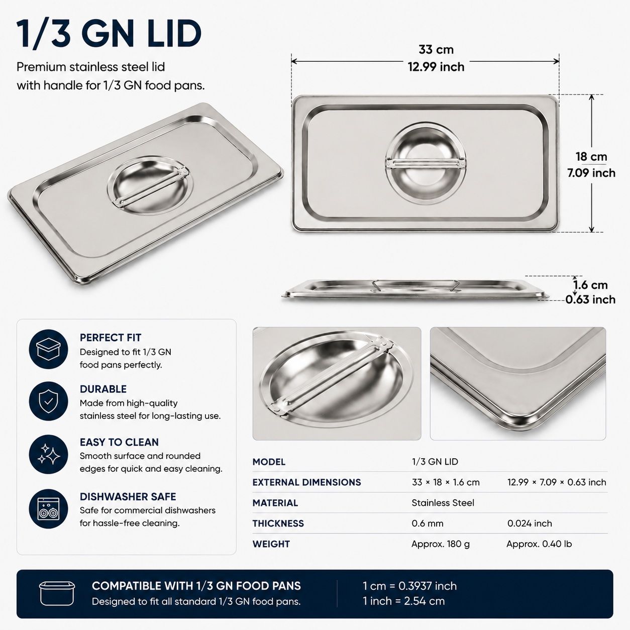 Commercial Stainless Steel GN 1/3 100mm Deep Gastronorm Bain Marie Buffet Steam Table Food Pan with Lid