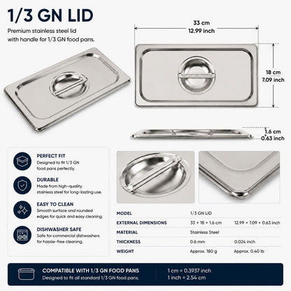 Commercial Stainless Steel GN 1/3 100mm Deep Gastronorm Bain Marie Buffet Steam Table Food Pan with Lid