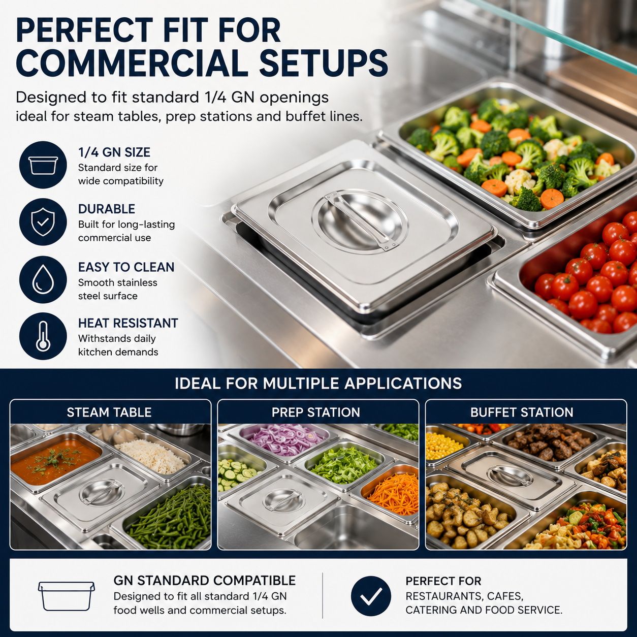 Commercial Stainless Steel GN 1/4 100mm Deep Gastronorm Bain Marie Buffet Steam Table Food Pan with Lid