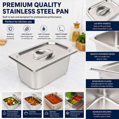 Commercial Stainless Steel GN 1/4 150mm Deep Gastronorm Bain Marie Buffet Steam Table Food Pan with Lid