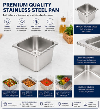 Commercial Stainless Steel GN 1/6 100mm Deep Gastronorm Bain Marie Buffet Steam Table Food Pan