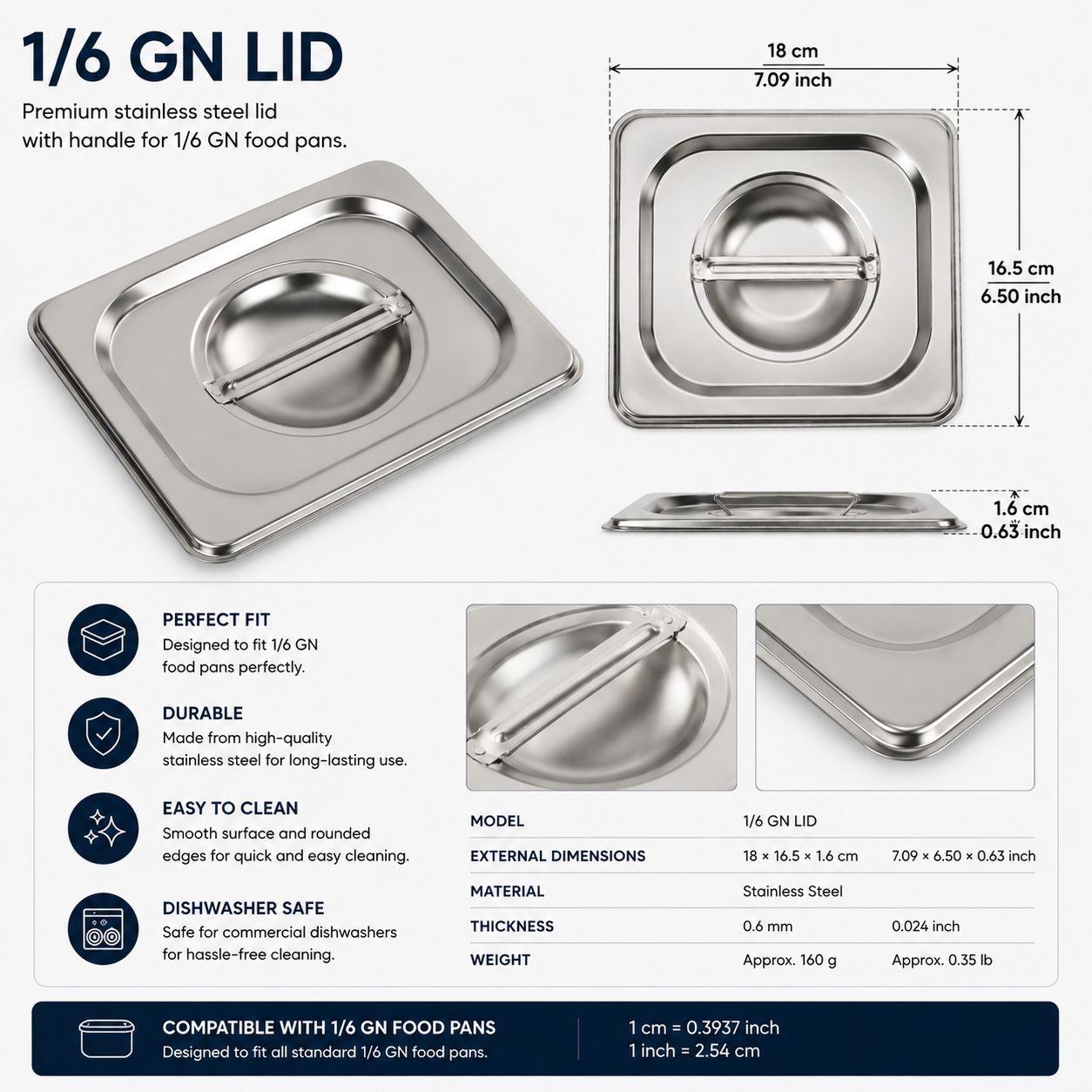 Commercial Stainless Steel GN 1/6 100mm Deep Gastronorm Bain Marie Buffet Steam Table Food Pan with Lid