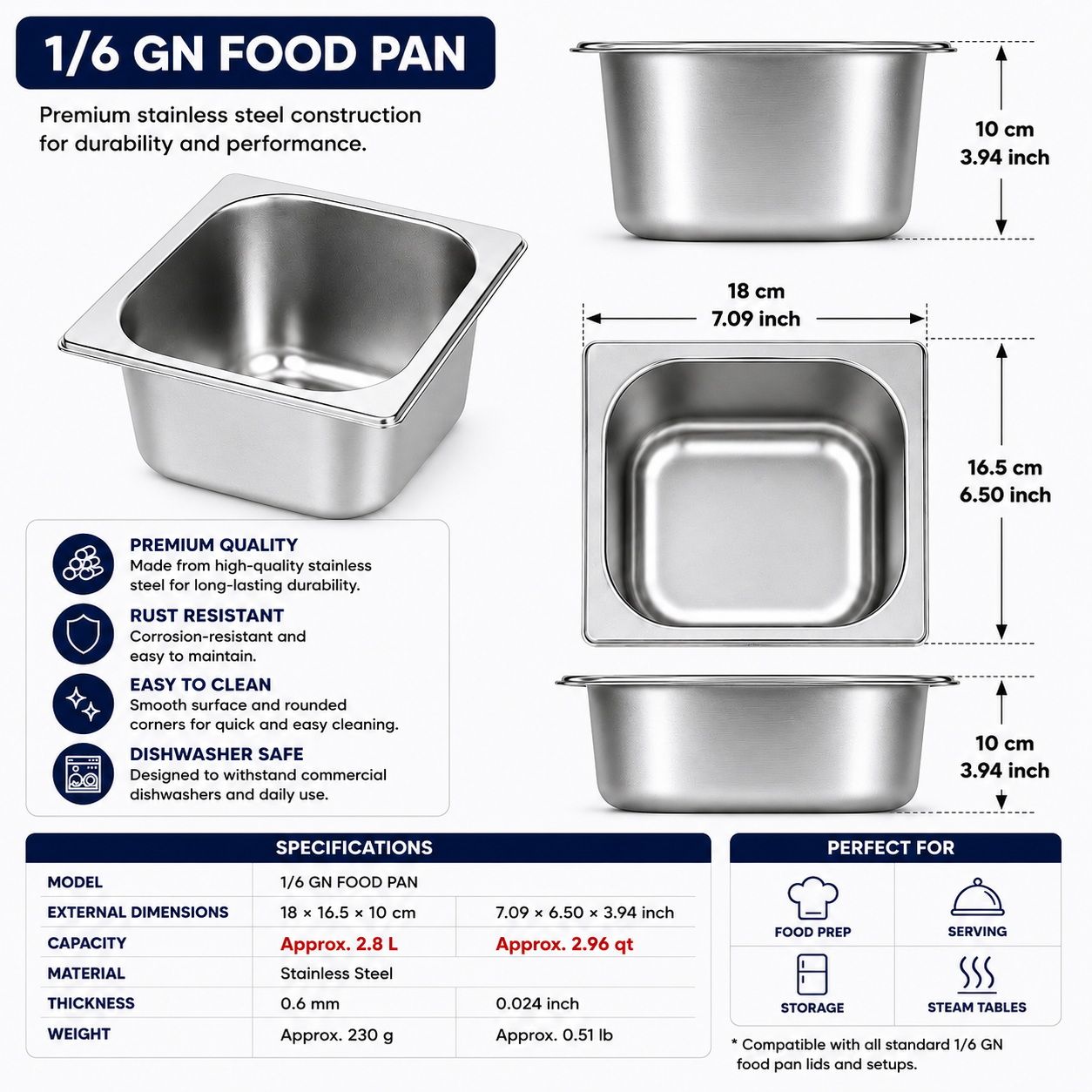 Commercial Stainless Steel GN 1/6 100mm Deep Gastronorm Bain Marie Buffet Steam Table Food Pan with Lid