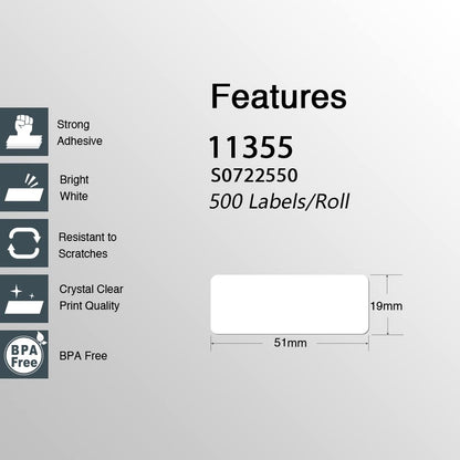 10x Compatible Dymo 11355 SD11355 / S0722550 thermal label 19mm x 51mm 500 Per Roll for Dymo labelWriter V324-10X11355