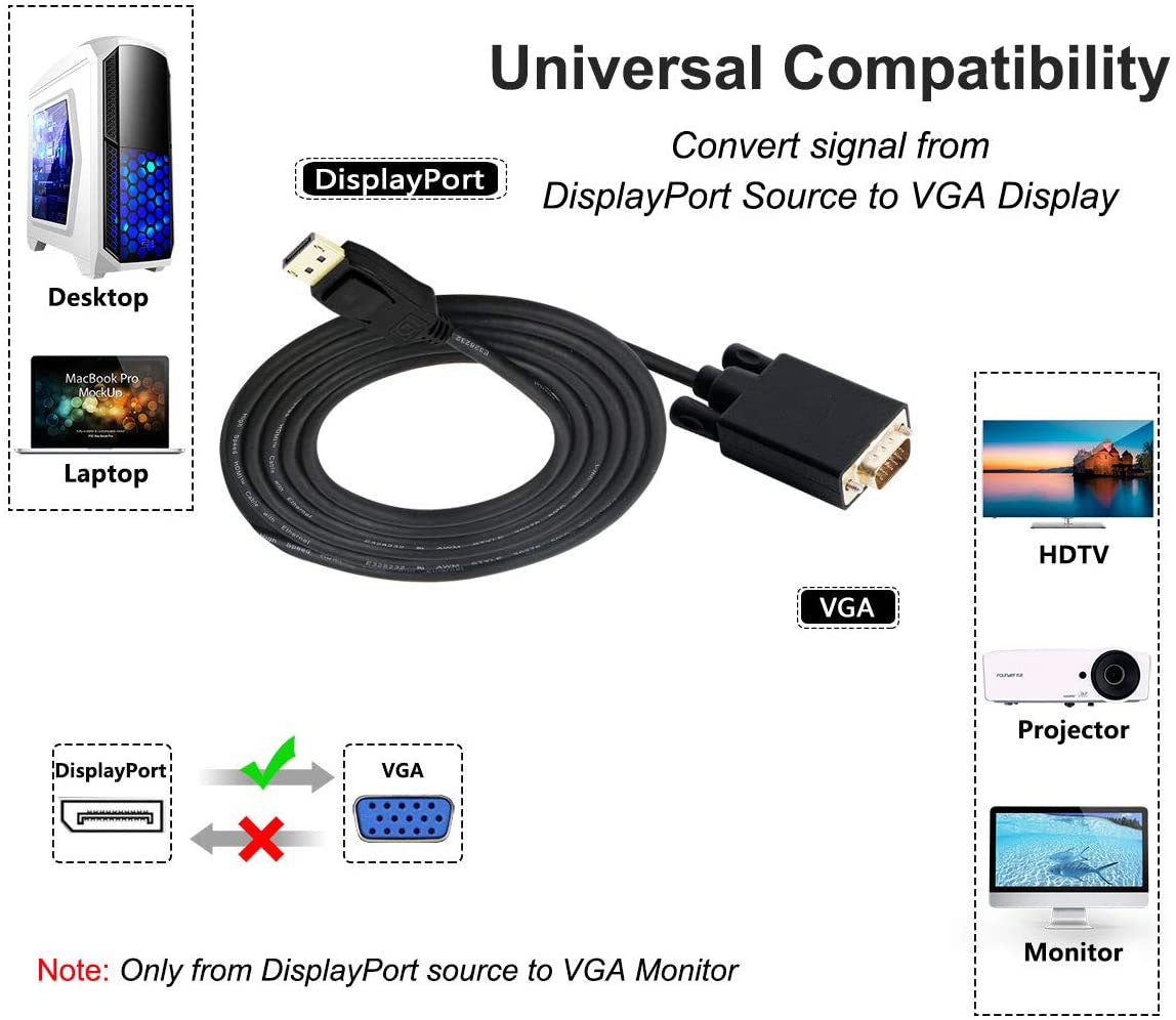 1.8M Display Port DP Male To VGA/M Cable Converter Connector Adaptor V324-18-DPVGA