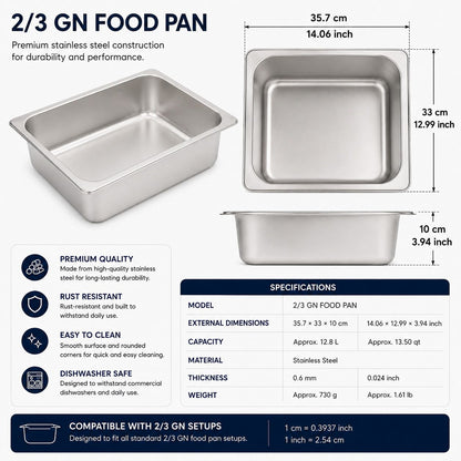 Commercial Stainless Steel GN 2/3 100mm Deep Gastronorm Bain Marie Buffet Steam Table Food Pan with Lid