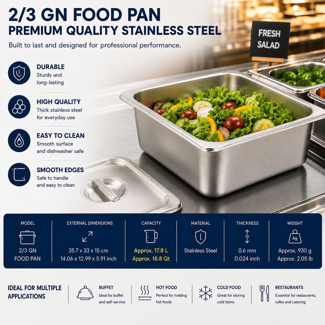 Commercial Stainless Steel GN 2/3 150mm Deep Gastronorm Bain Marie Buffet Steam Table Food Pan