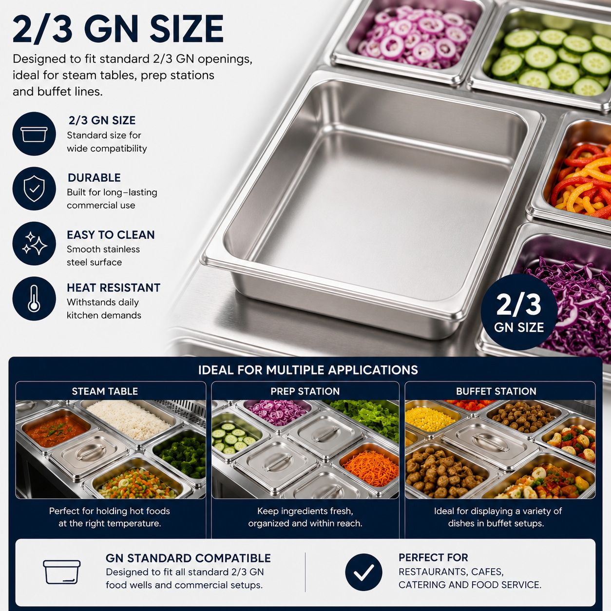 Commercial Stainless Steel GN 2/3 150mm Deep Gastronorm Bain Marie Buffet Steam Table Food Pan