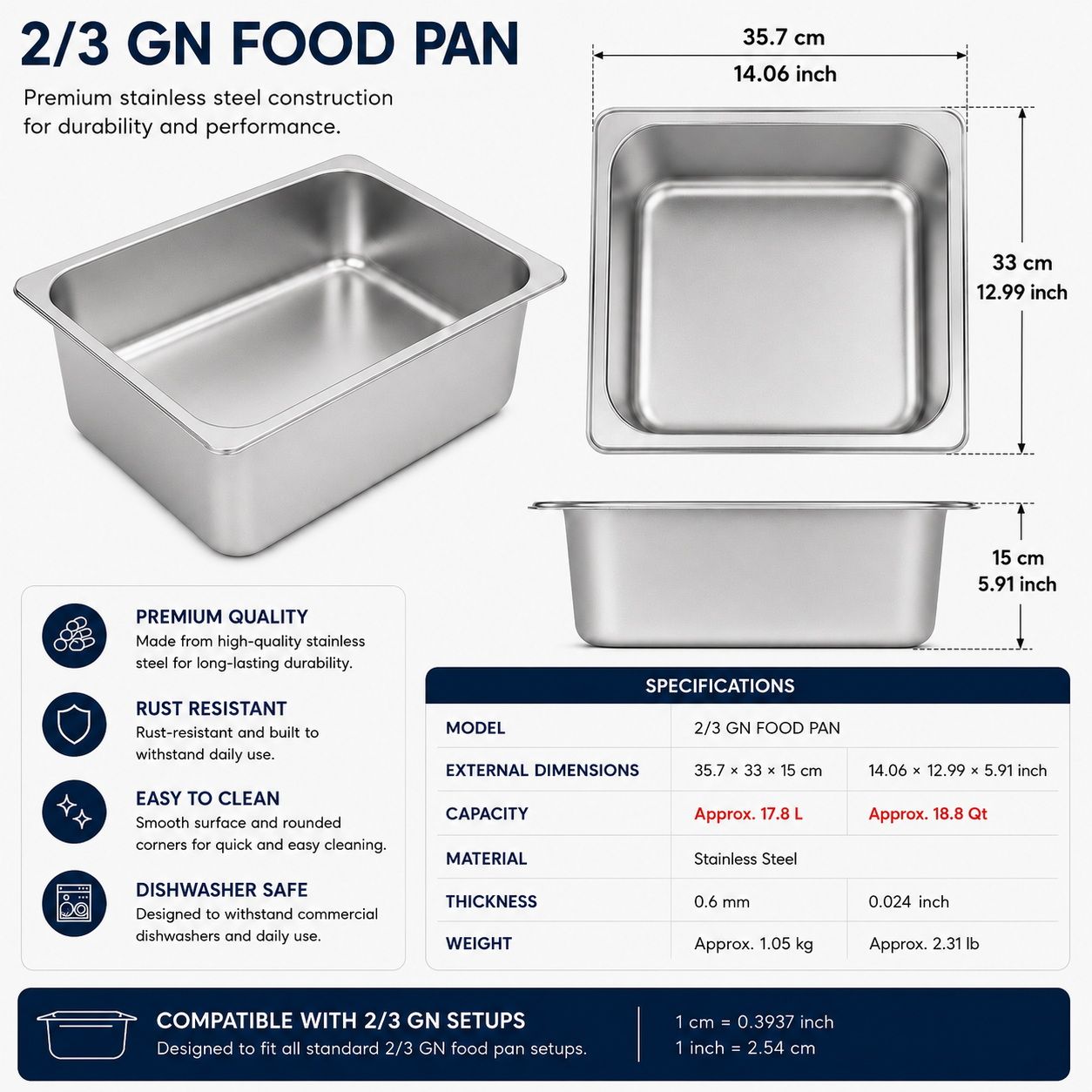 Commercial Stainless Steel GN 2/3 150mm Deep Gastronorm Bain Marie Buffet Steam Table Food Pan