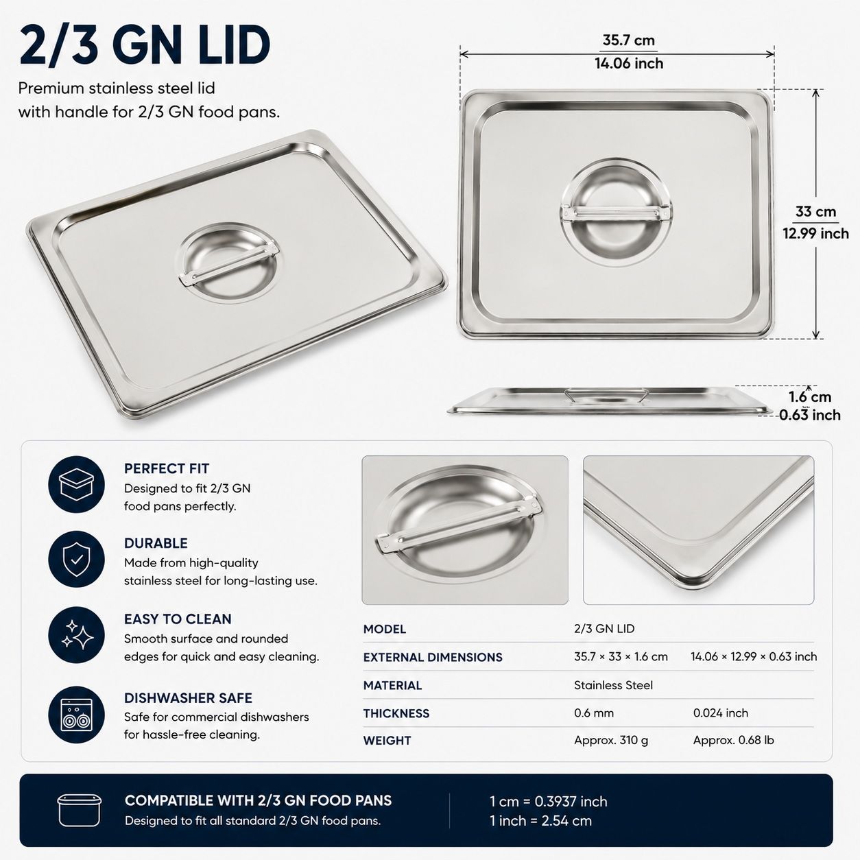 Commercial Stainless Steel GN 2/3 150mm Deep Gastronorm Bain Marie Buffet Steam Table Food Pan with Lid