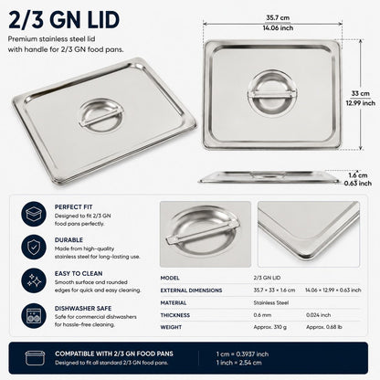 Commercial Stainless Steel GN 2/3 150mm Deep Gastronorm Bain Marie Buffet Steam Table Food Pan with Lid