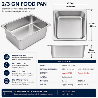 Commercial Stainless Steel GN 2/3 150mm Deep Gastronorm Bain Marie Buffet Steam Table Food Pan with Lid