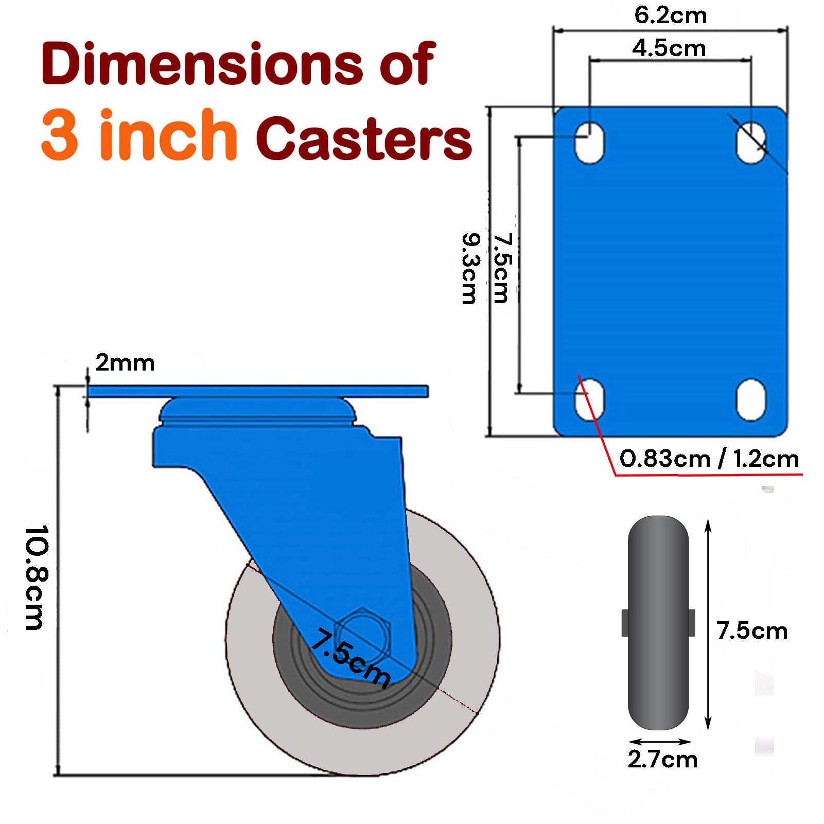 3 inch Heavy Duty Caster Wheels Swivel with Brake Locking Casters Castor Wheels Cart Furniture Workbench V324-3IN-GREY-WHEEL-BK