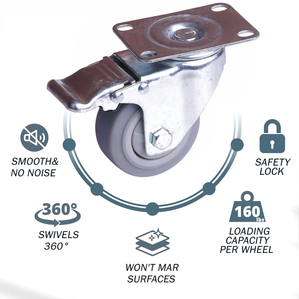 3 inch Heavy Duty Caster Wheels Swivel with Brake Locking Casters Castor Wheels Cart Furniture Workbench V324-3IN-GREY-WHEEL-BK