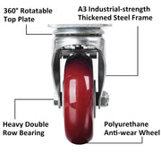 4 inch Heavy Duty Casters Lockable Caster Wheel Swivel Casters Castor with Brakes for Furniture and Workbench V324-4IN-WR-WHEEL-BK