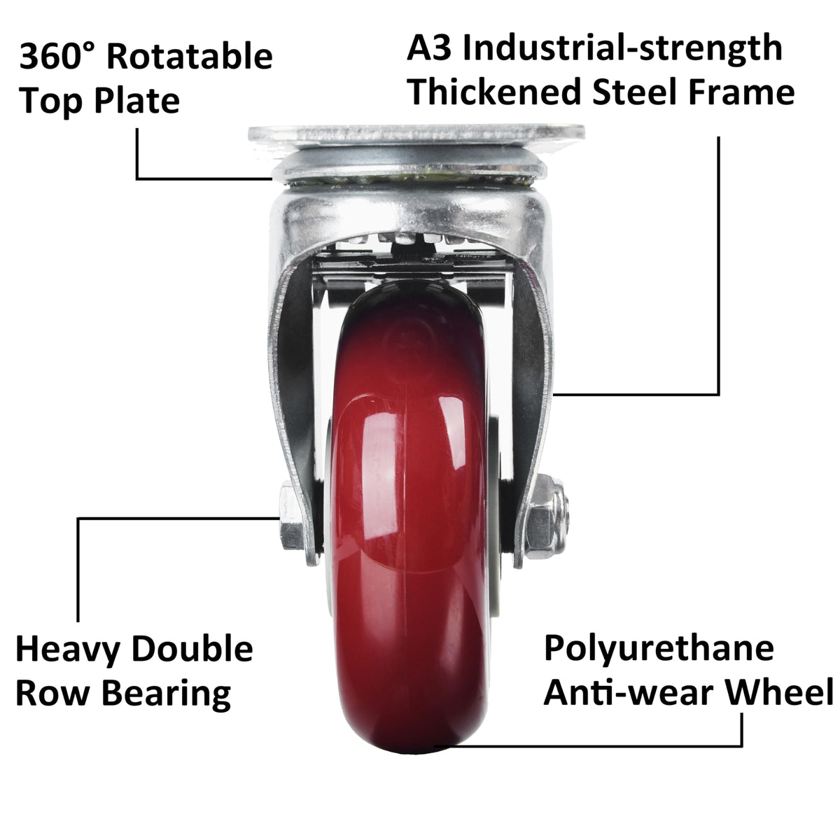 4 inch Heavy Duty Casters Lockable Caster Wheel Swivel Casters Castor with Brakes for Furniture and Workbench V324-4IN-WR-WHEEL-BK