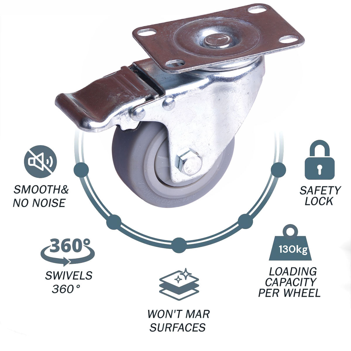 4x 4 inch Heavy Duty Swivel Brake Locking Caster Castor Wheels Casters 2x swivel 2x fixed for Cart Furniture V324-4X-4IN-GREY-WHEEL