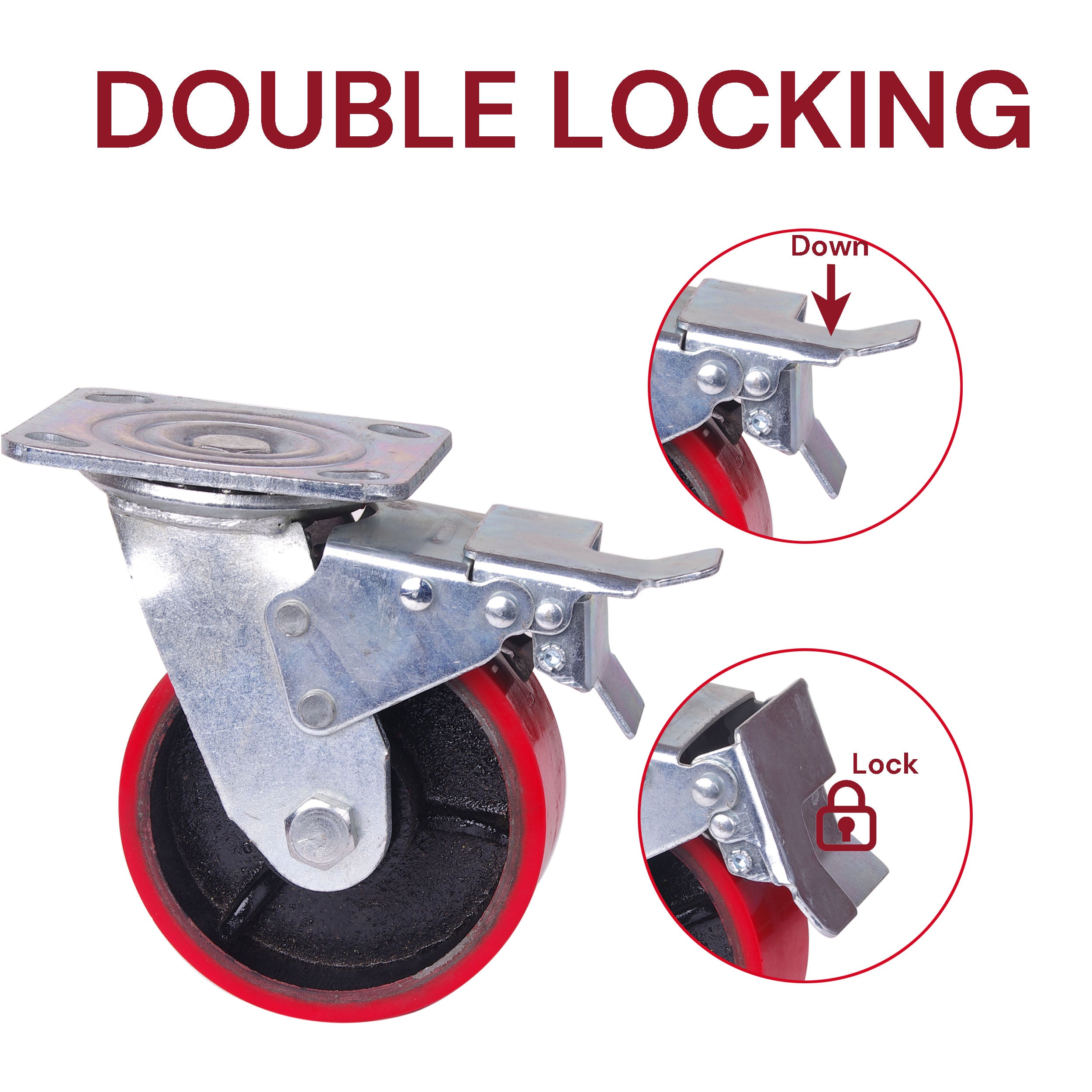 4x 5 inch Industrial 2000KG Swivel Brake Locking Caster Castor Wheels Casters 2x swivel 2x fixed Furniture V324-4X-5IN-RD-WHEEL
