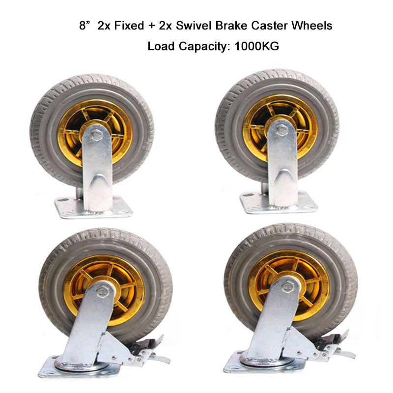 4x 8" Heavy Duty Industrial 2x Swivel Brake + 2x fixed Caster Tyre Tyres Wheel Wheels Castor 1000KG Trolley V324-4XBCW004-8IN