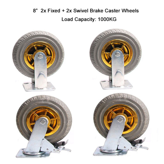 4x 8" Heavy Duty Industrial 2x Swivel Brake + 2x fixed Caster Tyre Tyres Wheel Wheels Castor 1000KG Trolley V324-4XBCW004-8IN