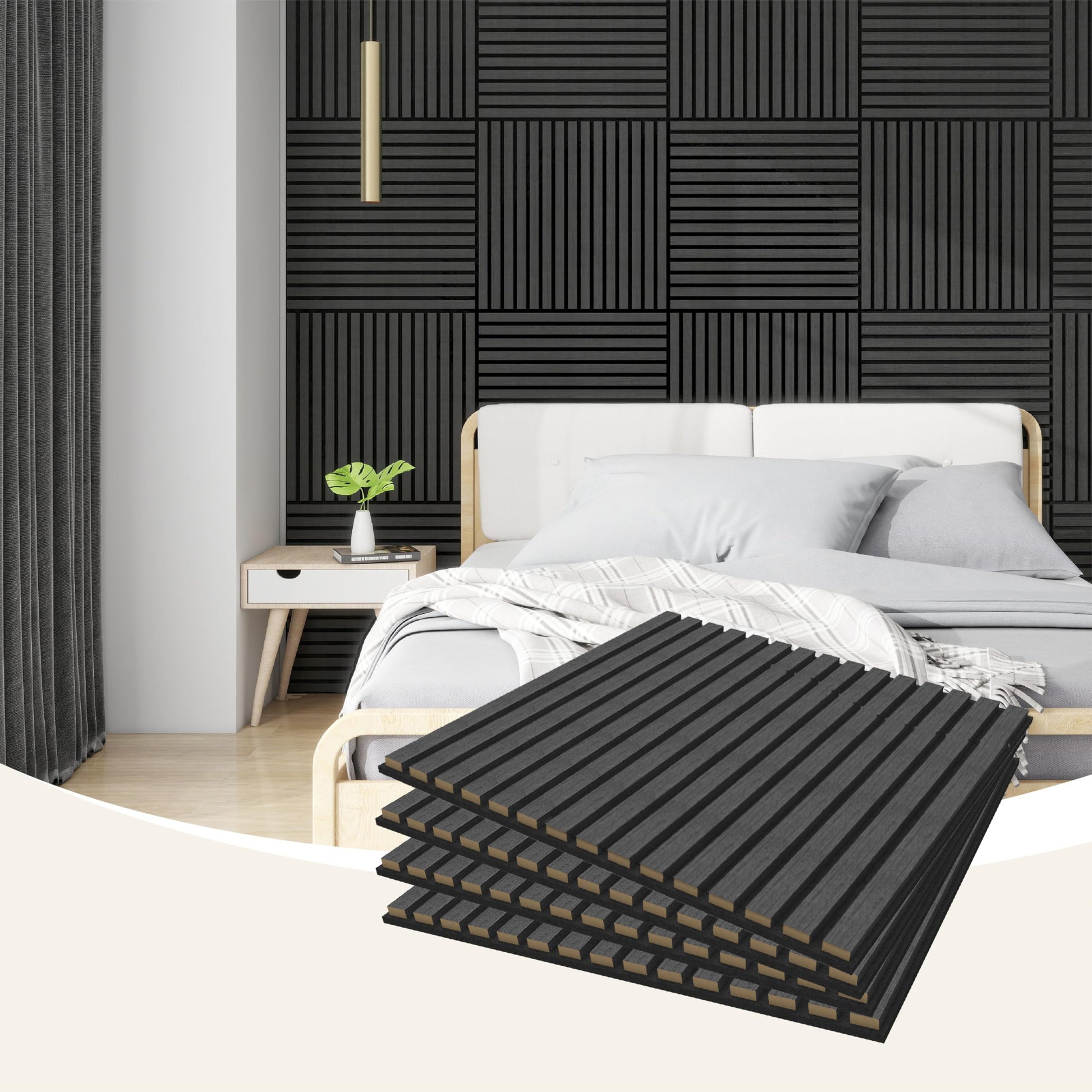 4 Pcs 60cm x 60cm Wall Panel Wood Slat Acoustic Panels Sound Absorbing Proof Panel for Wall Ceiling V324-4XWPANEL6060-BLACK