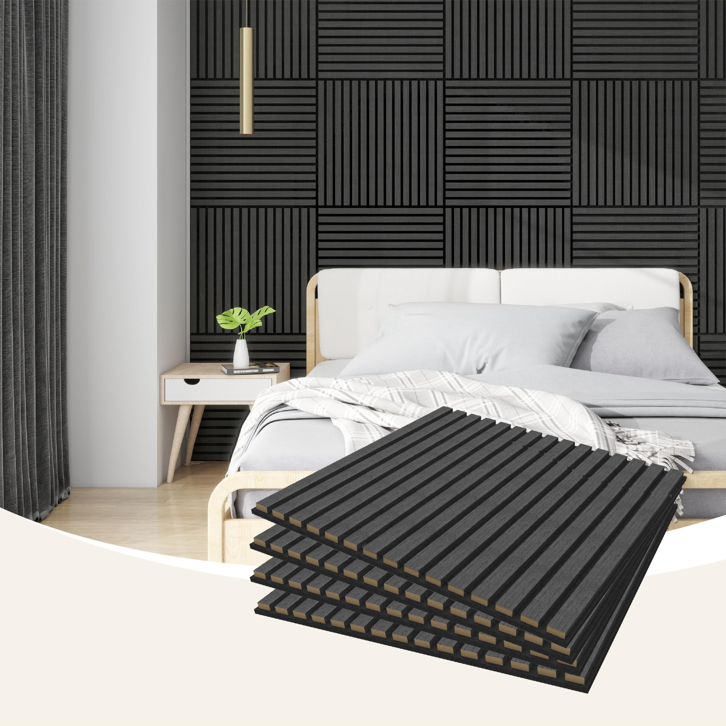 4 Pcs 60cm x 60cm Wall Panel Wood Slat Acoustic Panels Sound Absorbing Proof Panel for Wall Ceiling V324-4XWPANEL6060-BLACK