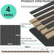 4 Pcs 60cm x 60cm Wall Panel Wood Slat Acoustic Panels Sound Absorbing Proof Panel for Wall Ceiling V324-4XWPANEL6060-BLACK