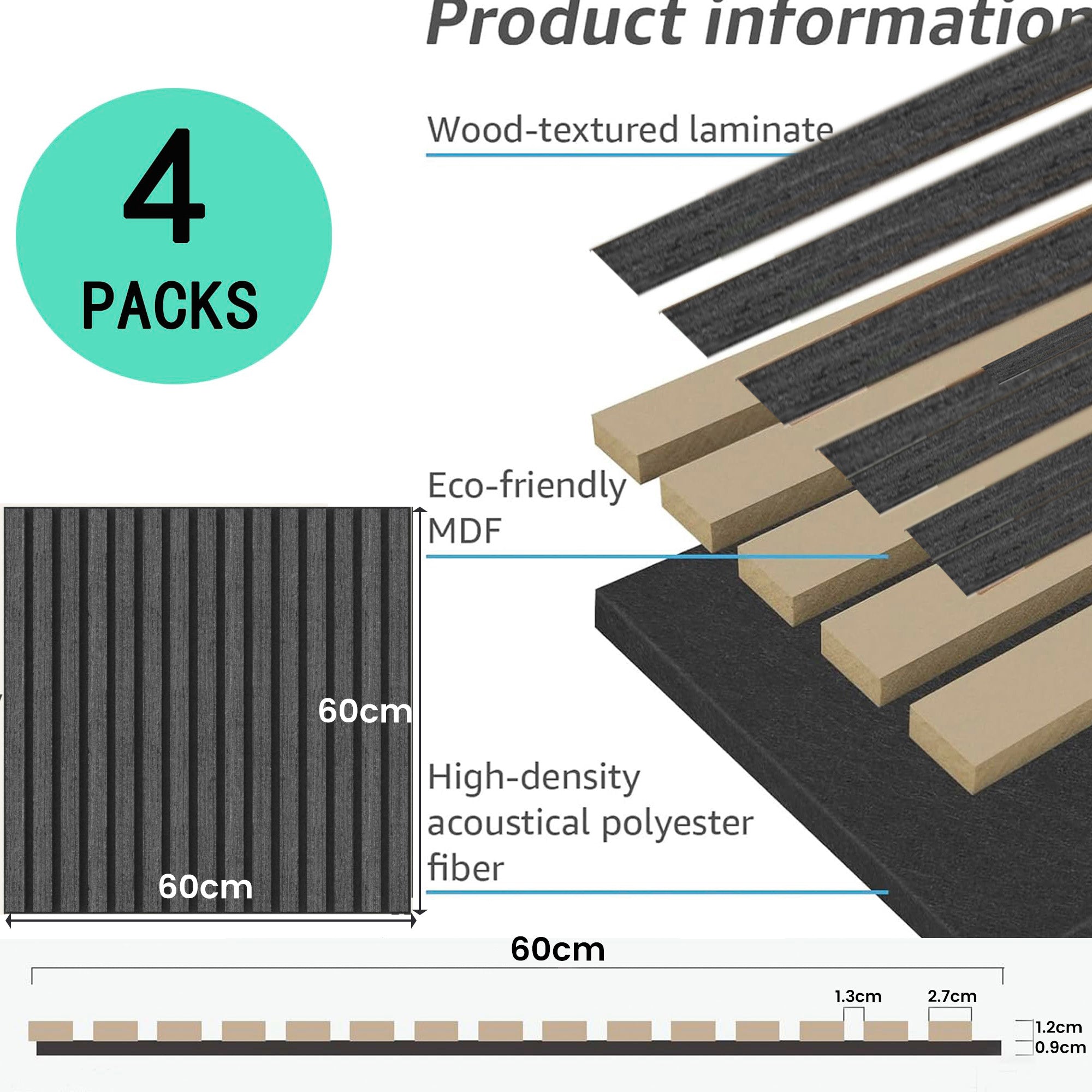 4 Pcs 60cm x 60cm Wall Panel Wood Slat Acoustic Panels Sound Absorbing Proof Panel for Wall Ceiling V324-4XWPANEL6060-BLACK