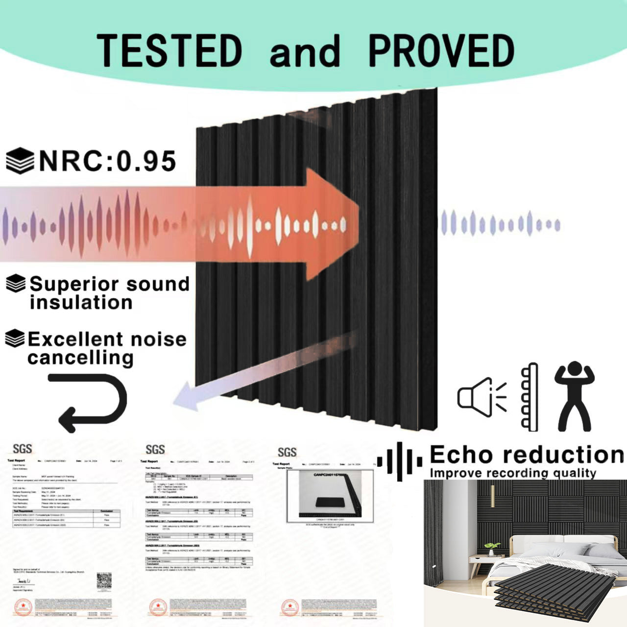 4 Pcs 60cm x 60cm Wall Panel Wood Slat Acoustic Panels Sound Absorbing Proof Panel for Wall Ceiling V324-4XWPANEL6060-BLACK