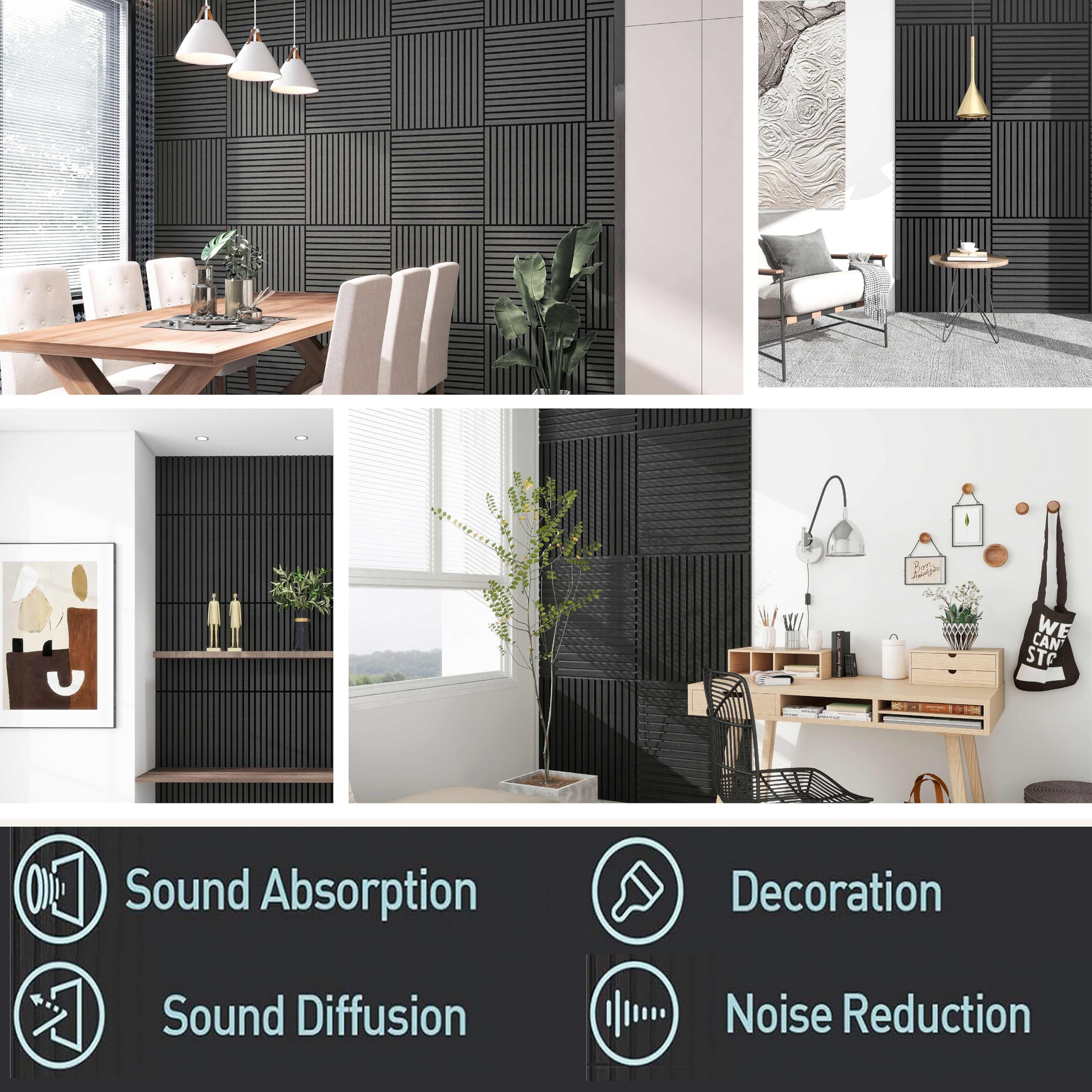 4 Pcs 60cm x 60cm Wall Panel Wood Slat Acoustic Panels Sound Absorbing Proof Panel for Wall Ceiling V324-4XWPANEL6060-BLACK