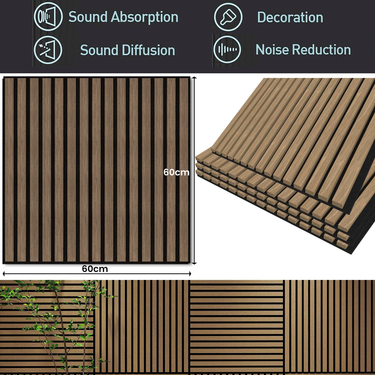 4 Pcs 60cm x 60cm Wall Panel Wood Slat Acoustic Panels Sound Absorbing Proof Panel for Wall Ceiling V324-4XWPANEL6060-WALNUT