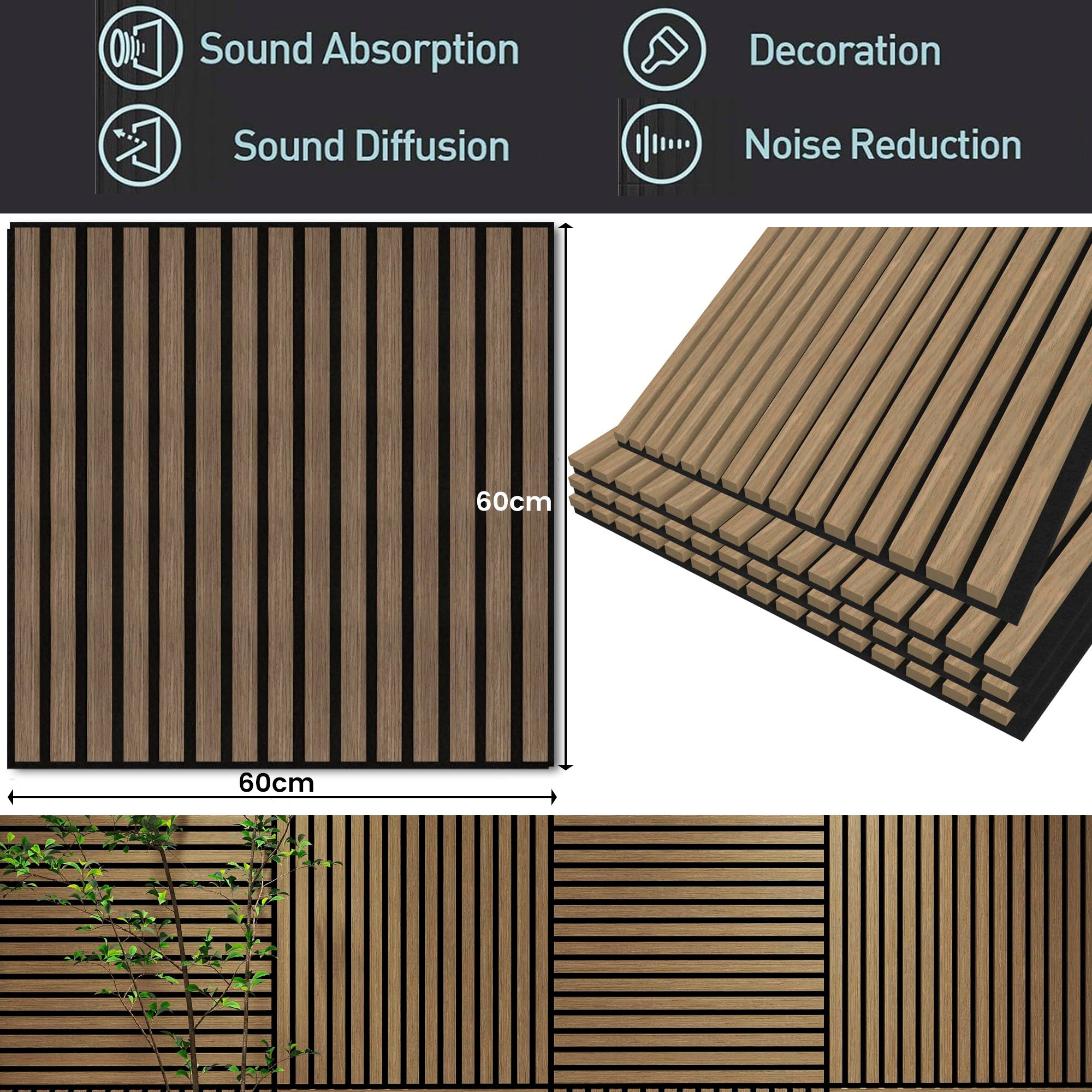 4 Pcs 60cm x 60cm Wall Panel Wood Slat Acoustic Panels Sound Absorbing Proof Panel for Wall Ceiling V324-4XWPANEL6060-WALNUT