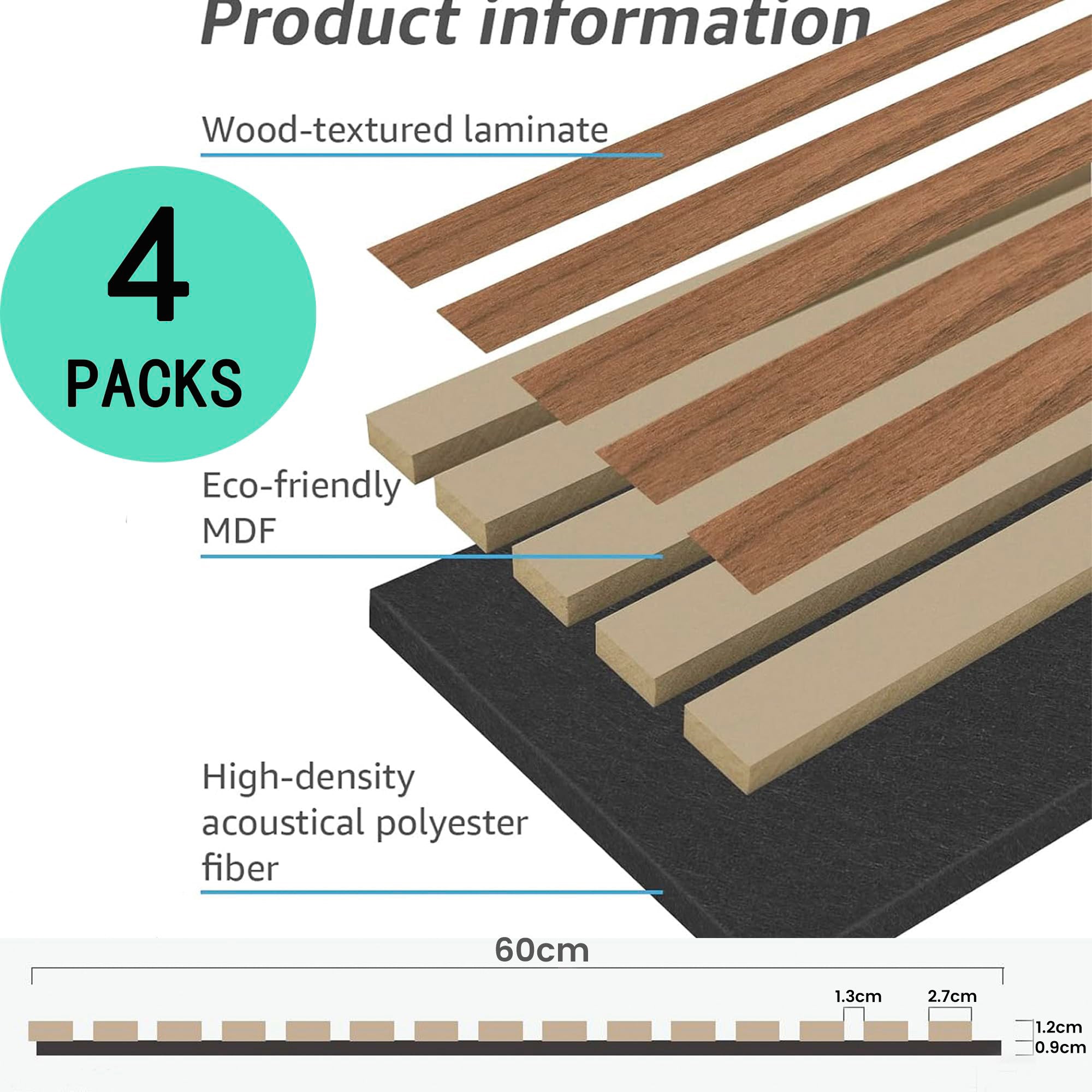 4 Pcs 60cm x 60cm Wall Panel Wood Slat Acoustic Panels Sound Absorbing Proof Panel for Wall Ceiling V324-4XWPANEL6060-WALNUT