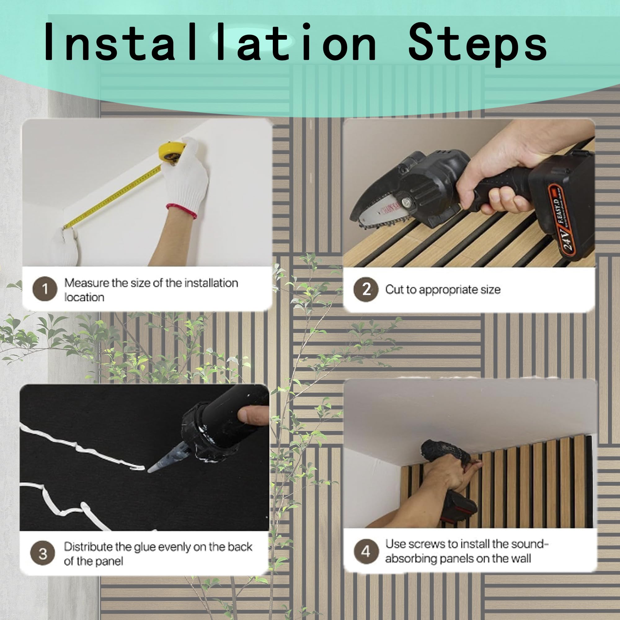 4 Pcs 60cm x 60cm Wall Panel Wood Slat Acoustic Panels Sound Absorbing Proof Panel for Wall Ceiling V324-4XWPANEL6060-WALNUT