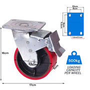 5 inch Industrial 500KG Caster Wheels Swivel with Brake Locking Casters Castor Wheels Cart Furniture Workbench V324-5IN-RD-WHEEL-BK
