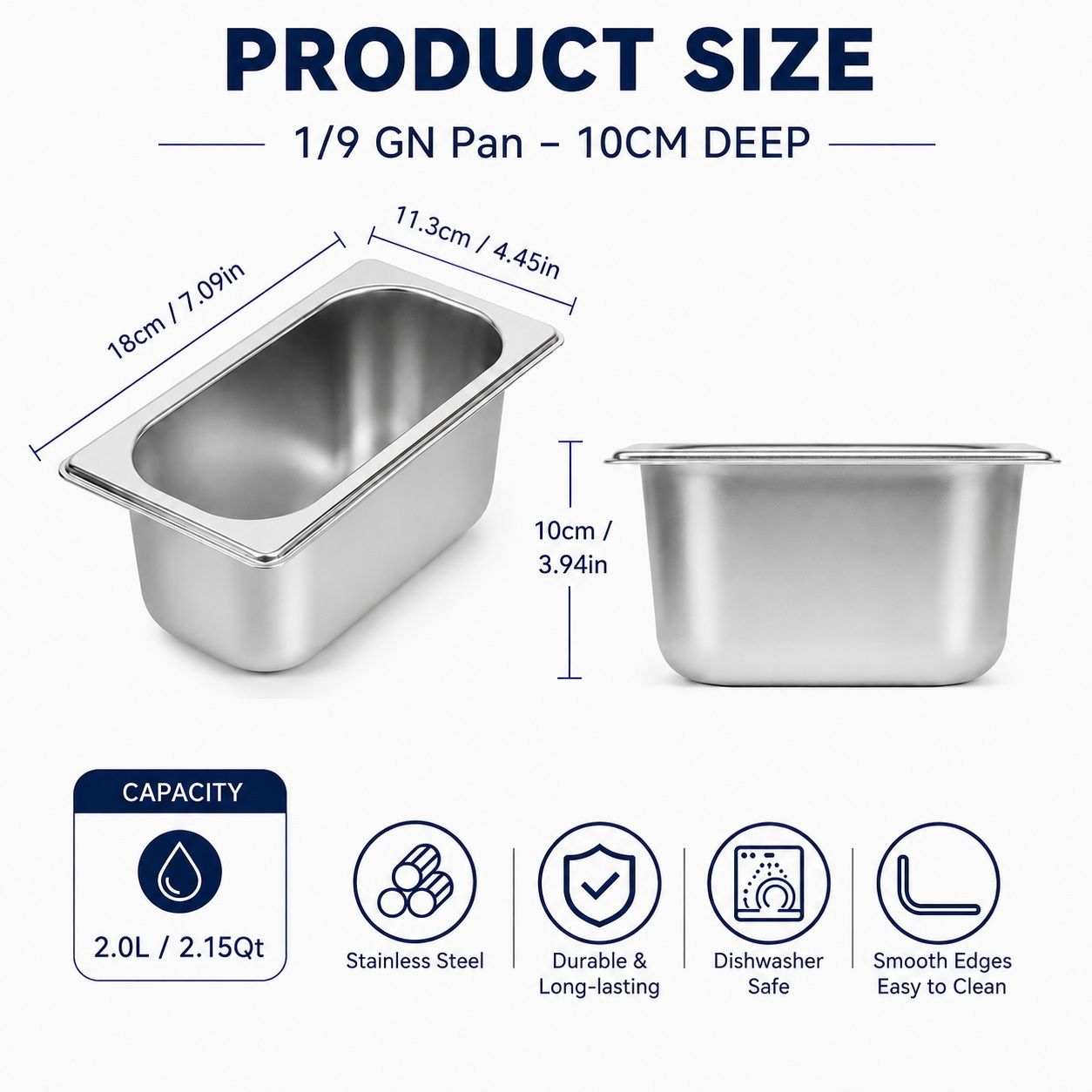 Commercial Stainless Steel GN 1/9 100mm Deep Gastronorm Bain Marie Buffet Steam Table Food Pan
